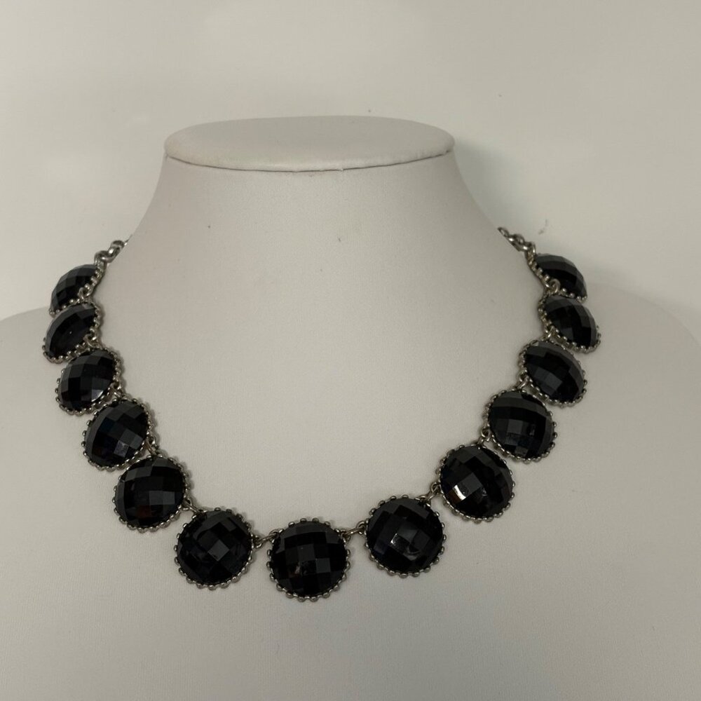 Black Faceted Bead Necklace Silver Tone Lay Flat Statement Jewelry 18-20 inch
